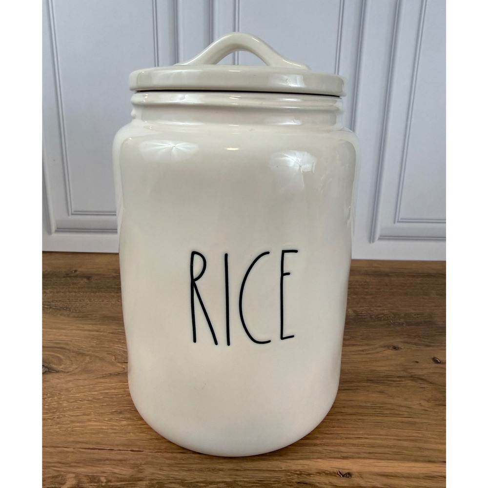 Rae Dunn White RICE 10" Farmhouse Cannister Large Letters Magenta